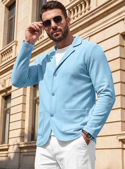 Men's Waffle-Knit Cardigan Jacket — Notch Lapel & Patch Pockets