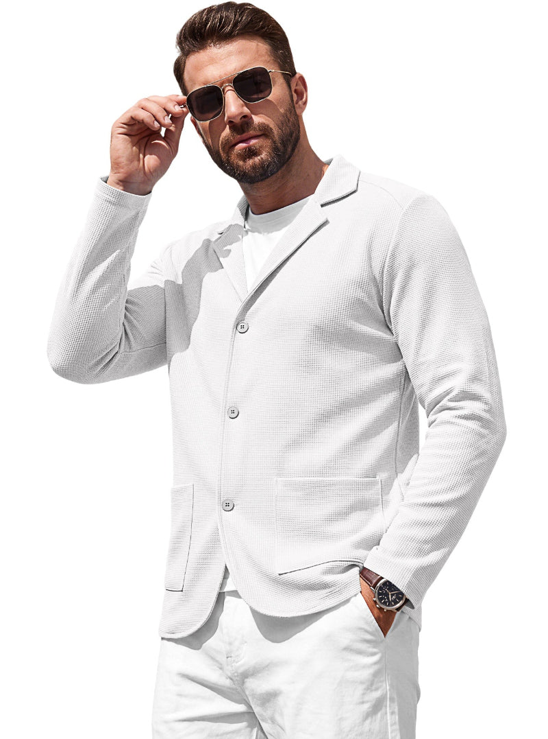 Men's Waffle-Knit Cardigan Jacket — Notch Lapel & Patch Pockets