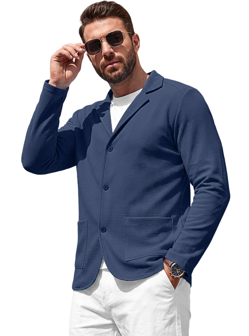 Men's Waffle-Knit Cardigan Jacket — Notch Lapel & Patch Pockets
