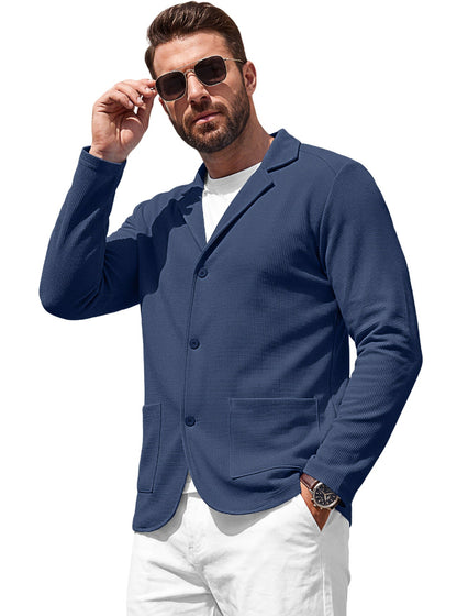 Men's Waffle-Knit Cardigan Jacket — Notch Lapel & Patch Pockets