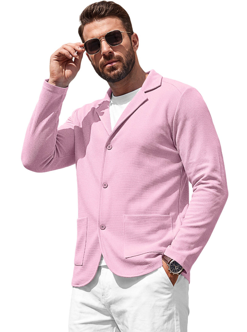 Men's Waffle-Knit Cardigan Jacket — Notch Lapel & Patch Pockets