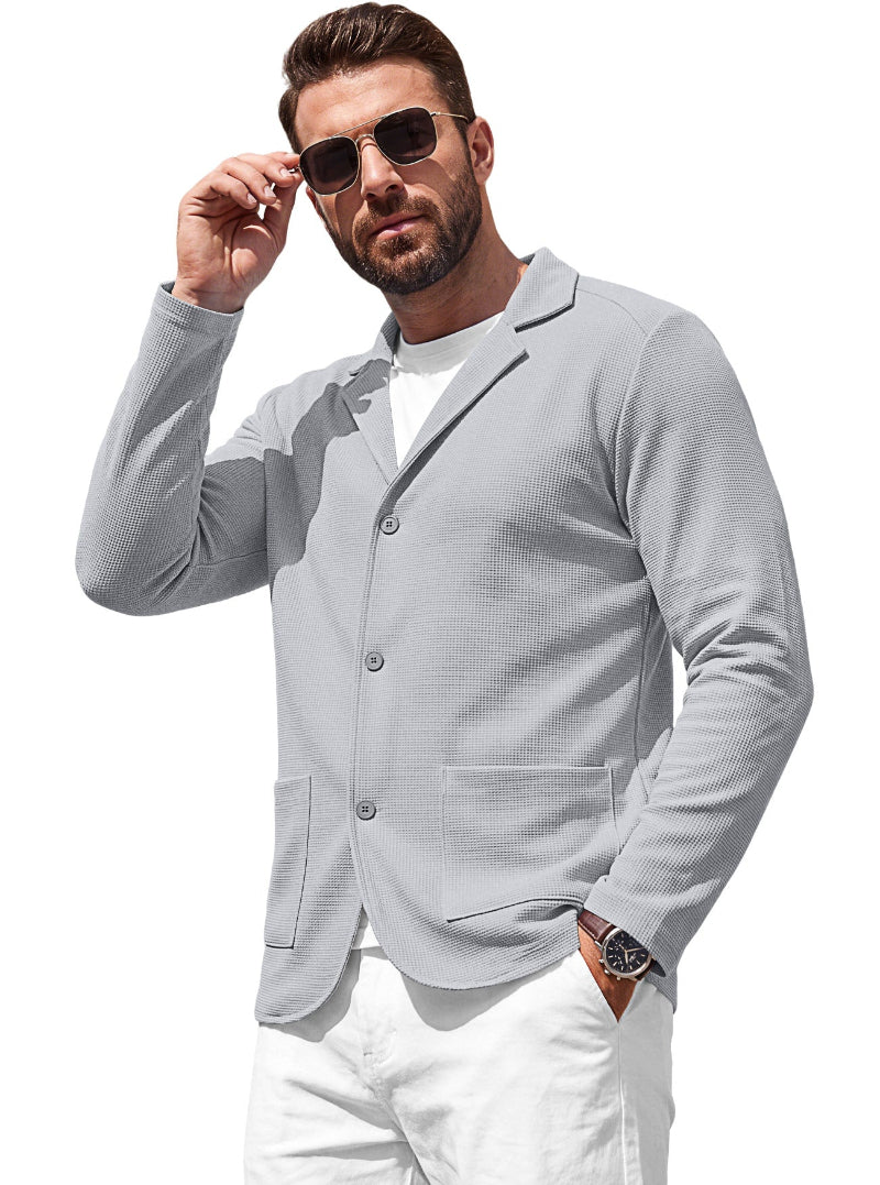 Men's Waffle-Knit Cardigan Jacket — Notch Lapel & Patch Pockets