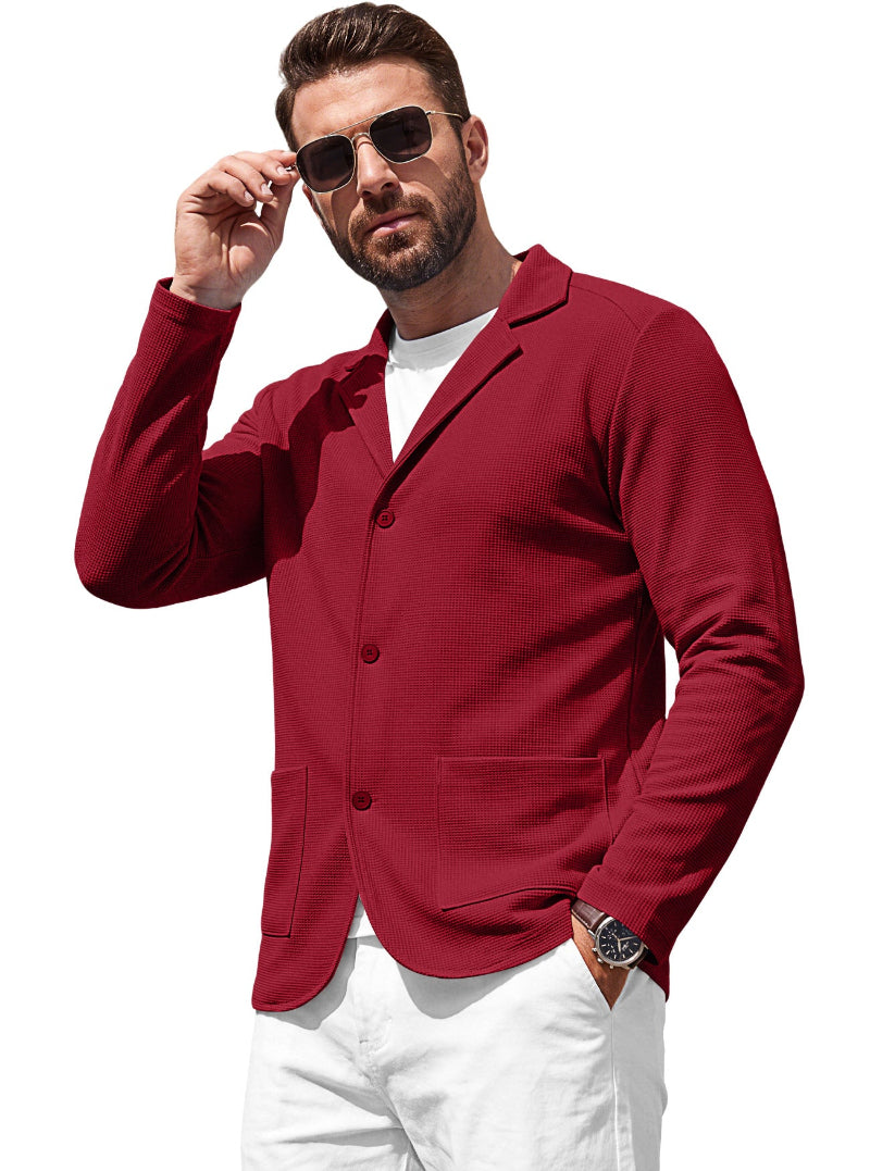 Men's Waffle-Knit Cardigan Jacket — Notch Lapel & Patch Pockets