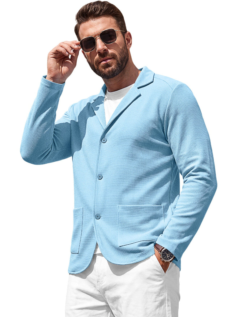 Men's Waffle-Knit Cardigan Jacket — Notch Lapel & Patch Pockets