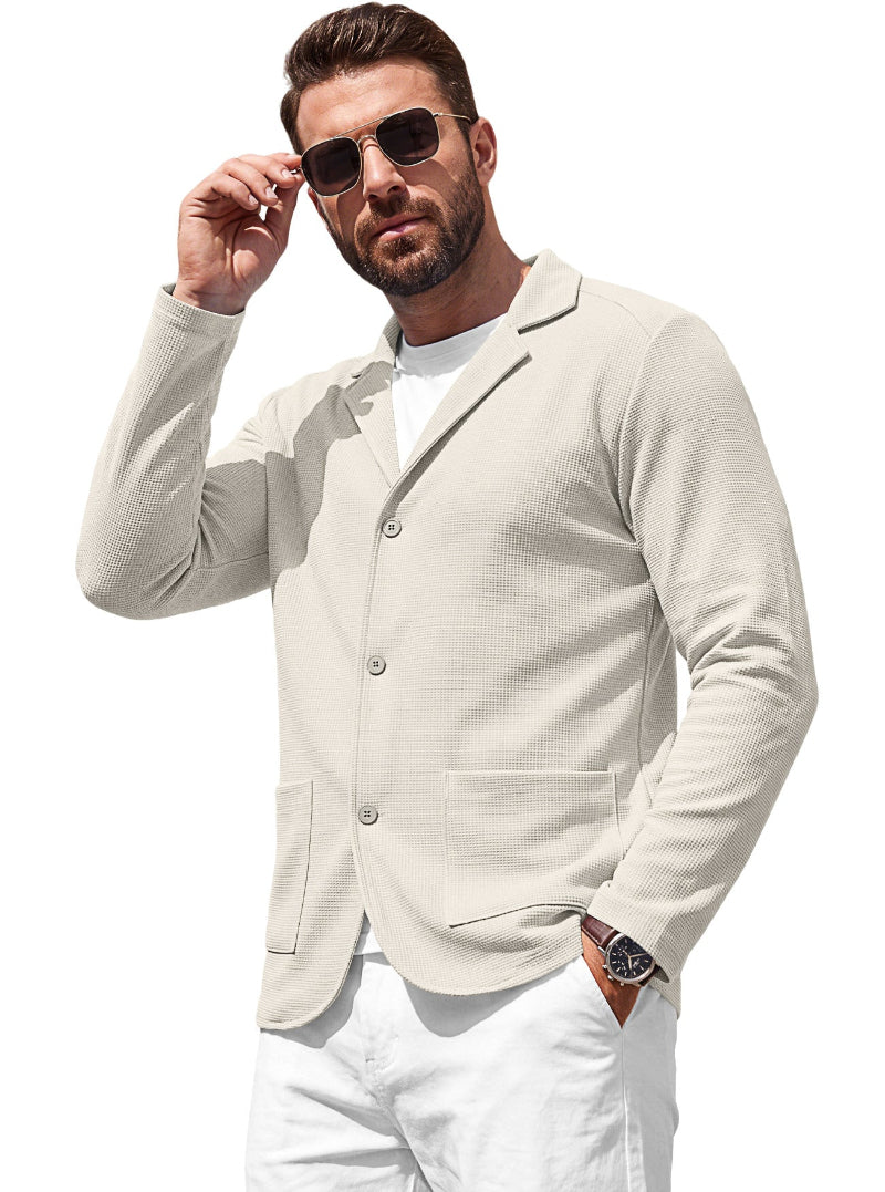 Men's Waffle-Knit Cardigan Jacket — Notch Lapel & Patch Pockets