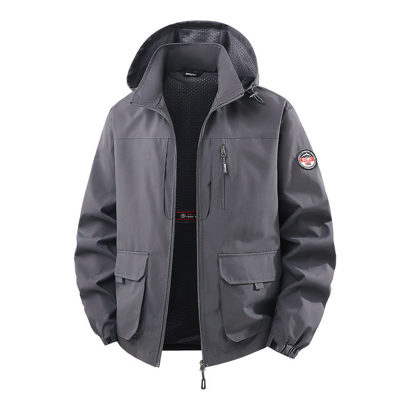 Men’s Lightweight Hooded Utility Jacket-Detachable Hood & Multi-Pocket Design