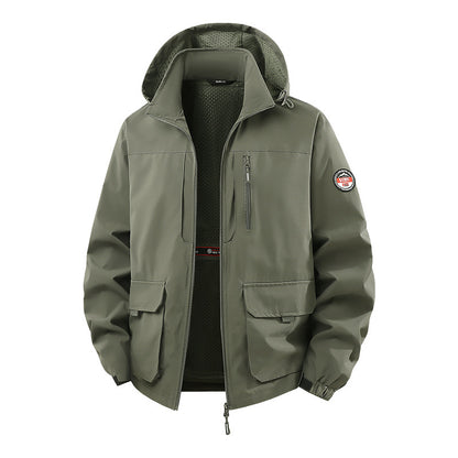 Men’s Lightweight Hooded Utility Jacket-Detachable Hood & Multi-Pocket Design