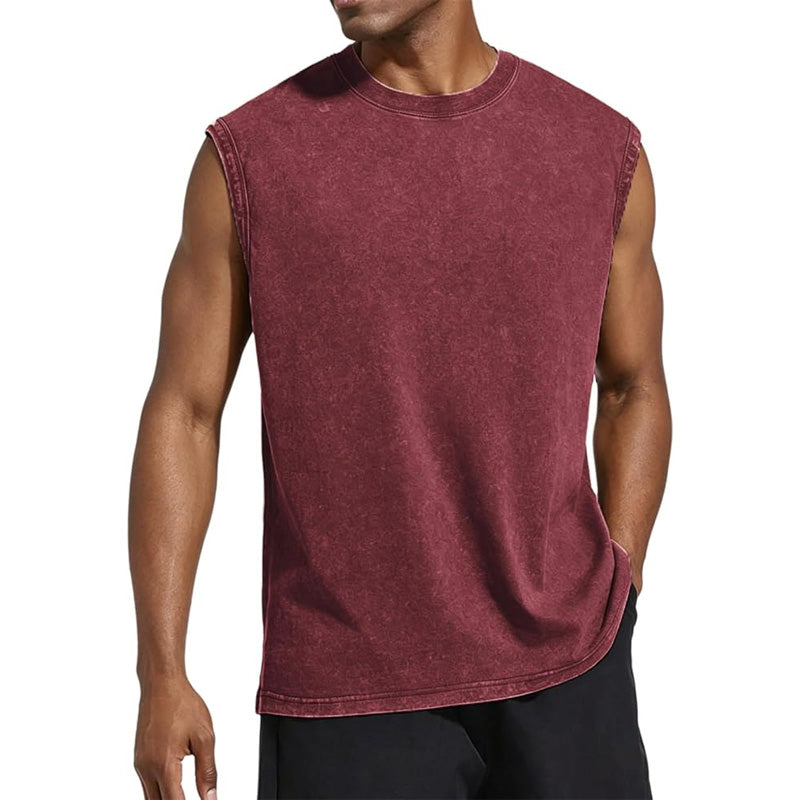 Men’s 100% Cotton Washed Vintage Sleeveless Tank Top - Casual Distressed Crew Neck Muscle Shirt