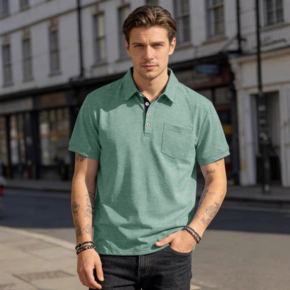 Men's Summer Spring Pocket Polo Shirt, Solid Color Short Sleeve Relaxed Fit Casual Business Top