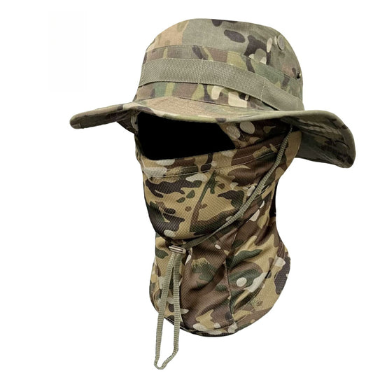 Camouflage Boonie Hat with Detachable Face Mask Set, Windproof Drawstring Sun Hat for Outdoor Hiking, Fishing & Travel
