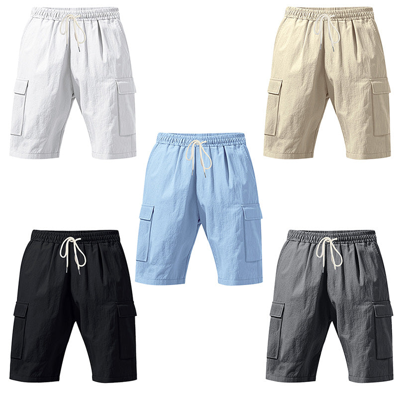 Men's Linen-Blend Cargo Shorts, Elastic Waist Drawstring Multi-Pocket Casual Summer Shorts