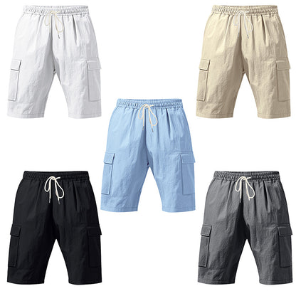 Men's Linen-Blend Cargo Shorts, Elastic Waist Drawstring Multi-Pocket Casual Summer Shorts