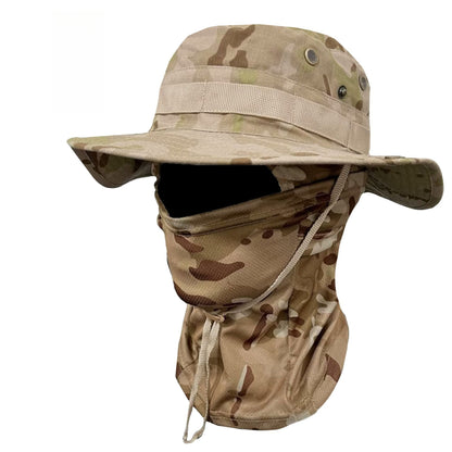 Camouflage Boonie Hat with Detachable Face Mask Set, Windproof Drawstring Sun Hat for Outdoor Hiking, Fishing & Travel
