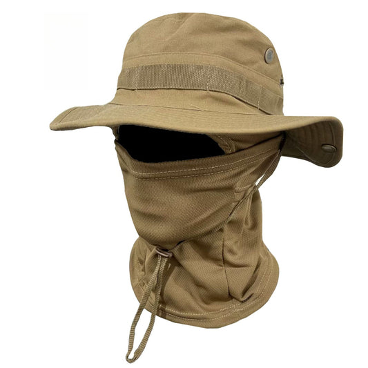 Camouflage Boonie Hat with Detachable Face Mask Set, Windproof Drawstring Sun Hat for Outdoor Hiking, Fishing & Travel