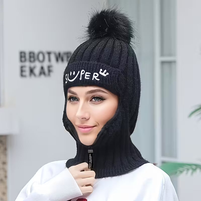 Women's Winter Knitted Hat Cold Weather Face Mask Neck Warmer Pom Beanie