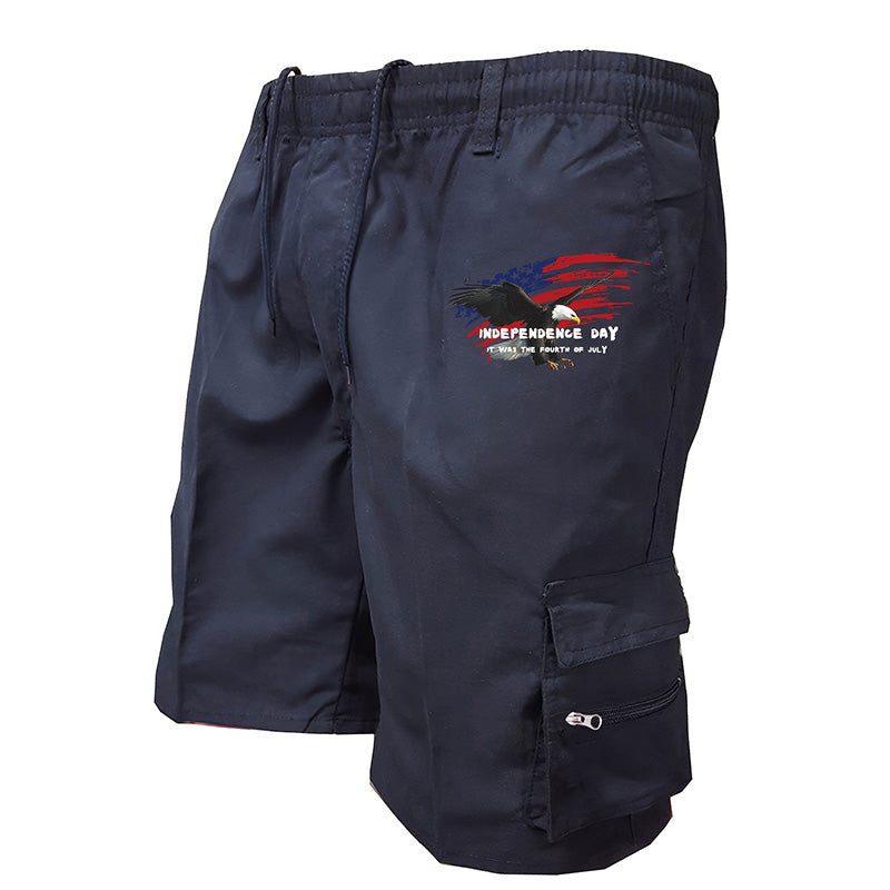 Men’s Independence Day Print Utility Cargo Shorts - Breathable Elastic Drawstring Shorts for Daily & Sports
