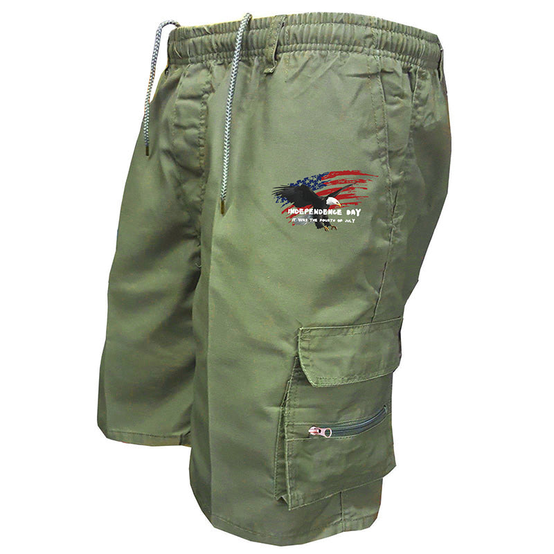 Men’s Independence Day Print Utility Cargo Shorts - Breathable Elastic Drawstring Shorts for Daily & Sports