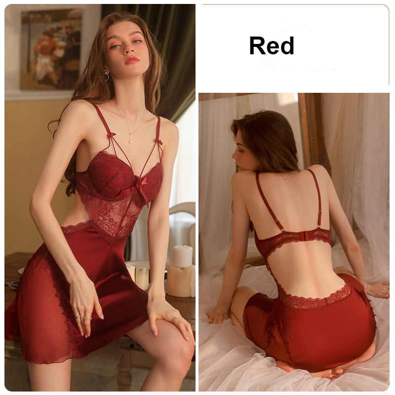 Women's Satin Lace Backless Babydoll Nightgown